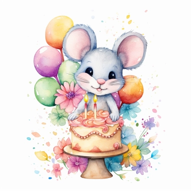 cute cartoon mouse, celebrating birthday party, rainbow colours, flowers, watercolor clipart, pure white background