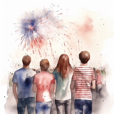 Watercolour of a 4th July celebration , viewed from behind, Clipart,Cartoon,hyper realistic, intricate detail, illustration style,high resolution, isolated on a white background