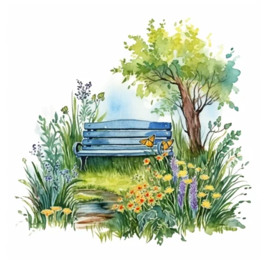 clipart, isolated on white background, Watercolor Spring beautiful ornated metal bench under the tree, flowers and grass and plants, ornated, vivid and vibrant and saturated colors