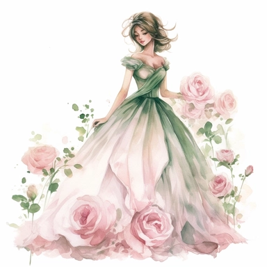 watercolor, hyper realistic, white background, white margins, 16k, ultra detailed clipart, cut out image, hand-drawn, whimsical manhwa style, ultra HD, sharp and clean art a graceful and elegant lady dressed in a beautiful gown, enjoying the serene ambiance of the rose garden. Soft Pink and Emerald Green - Create a romantic and enchanting atmosphere with a color scheme consisting of soft pink shades for the roses and lush emerald green for the foliage