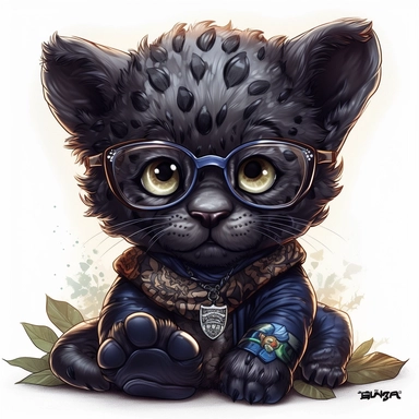 kawaii adorable fantasy baby black panther wearing cute glasses, nursery art, clipart image, line art image, white background, inspired by yoshitaka amano art, very detailed, 8k
