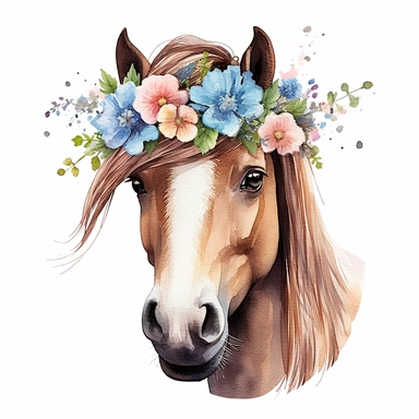 isolated clipart, cute horse with flowers on its head, highly realistic, flickr, watercolorist, uhd image, multi-layered mixed media