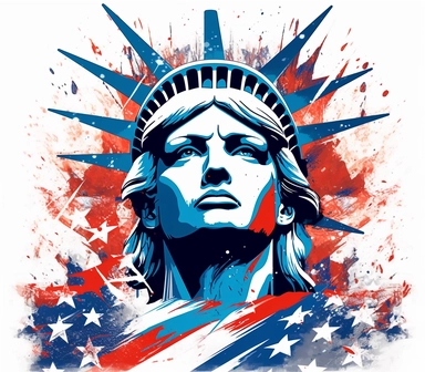 Create a bold and eye-catching clip art that showcases Freedom in patriotic colors, emphasizing the spirit of independence and liberty, white background, in the style of line drawing