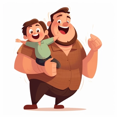 fathers day clipart, fat father wearing brown shirt, father hug son laughter, cartoonic, happy, and cute
