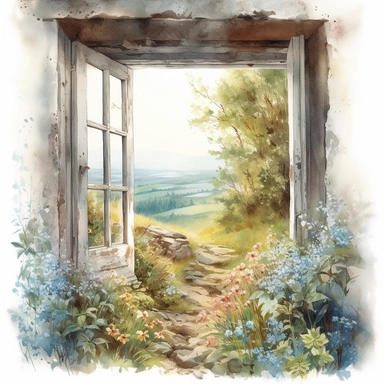 isolated on white illustration watercolor art of a rustic window from inside the house, the window shows the landscape from the garden with forget-me-nots and a road going into the mountains, a lot of forget-me-nots, masterpiece by Hans Zatzka and by Alexander Jansson and by Samuel Melton Fisher style and by Carlo Crivelli style, Art Nouveau Architecture, PNG clipart, isolated on white, extreme photorealistic details, 32k HD resolution, realistic high detailization high resolution