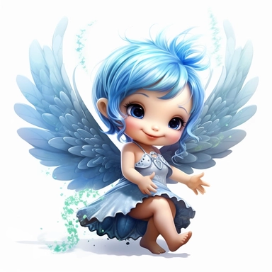 a beautiful happy baby fairy girl, blue flowered dress, blue eyes, highly detailed image, full body image, big wings, pixar style, clipart, white background,