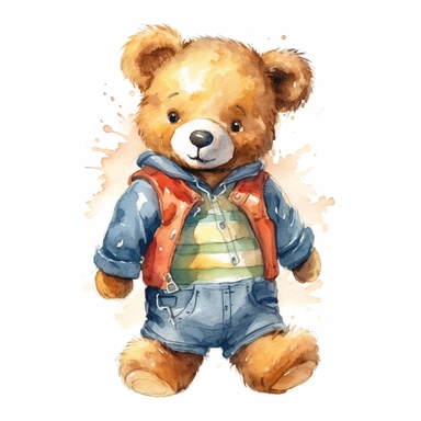 draw charming watercolor illustrations of a teddy bear wearing a shirt, the same character in different situations sitingn watercolor, single object, watercolor illustration, cartoon clipart, white background for removing background