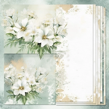 scrapbook paper template, intricate three small bouquets of white floral watercolor clipart on the borders on paper, luxurious textures, nature-inspired pieces, very high resolution