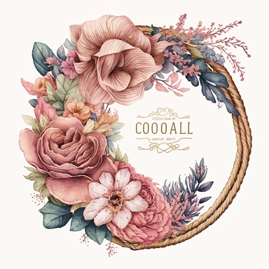 highly detailed and intricate watercolor boho coiled nautical rope clipart with beautiful flowers, pink soft hues, white background