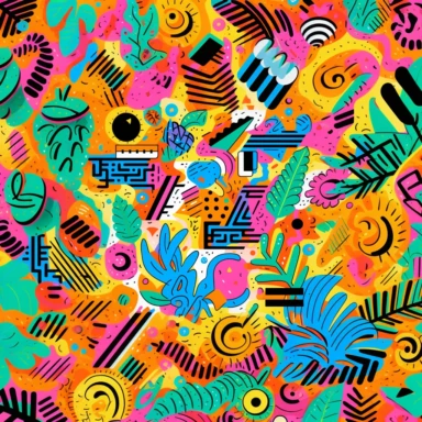 90s clipart design, Comic S5ns, floral patterns, geometric shapes, lively colors, and even Nickelodeon-inspired illustrations