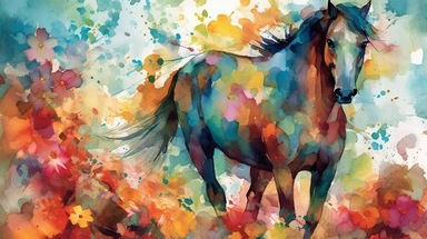 A vibrant watercolor of a single horse rendered as a digital clipart, drawing inspiration from the bold, expressive blooms found in Emil Nolde's garden paintings, featuring a vivid color palette that captures the flowers' natural radiance, illuminated by bright, contrasting light that emphasizes the rich, saturated hues and dynamic brushwork, and composed using an organic, free-flowing layout that conveys a sense of movement and growth.