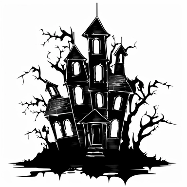 halloween hunted house clipart, black color, white background, minimalistic drawing