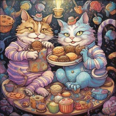 Whimsical magical wacky cats eating cookies, muted colors, swirls, twists, twirls, metallic, glitter, stylized, funny, centered, airbrushed, digital oil, detailed illustration, clip art, cartoon, 8k,-- ar 9:8