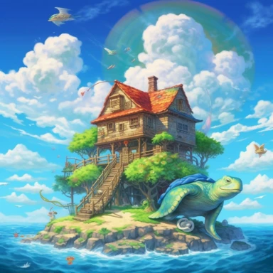 /v5_upscale, bright day, Jin the Turtle Master Roshi, island in the blue sea house with pam clipart, high detail, spaced outultra scale, detailed, ultra bright, fascinating, stunning, ultra detailed, wonder, amazing, mercury clouds illumination, bright background, vitamins, with holographic, dragon ball