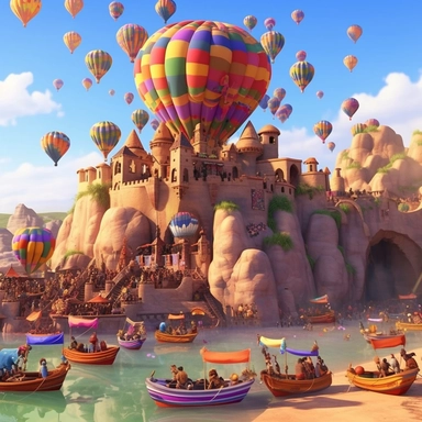 An African-style castle decorated with banners and balloons sits on a cliff. Below the clips are several great big colorful boats with African royal people waving coming to shore for an epic wedding. The castle is on fire and people are running from it. Pixar style