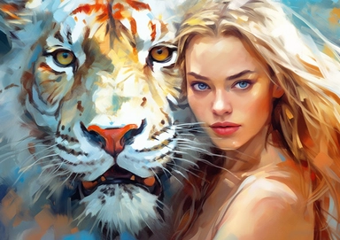 Fixed camera, Watercolor sketch, simple Clip art, An oil painting of a girl holding a white and yellow tiger, in the style of anne stokes, josephine wall, chiaroscuro portraitures, red, animated gifs, vladimir volegov, fujifilm natura 1600 realistic line art, portrait,