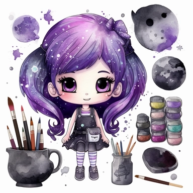 watercolor funny create kawaii marbled black ,silver, purple chibi with school supplies clipart, isolated on white background,space out--ar3:2--s1000