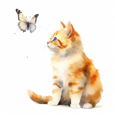 watercolour, cute cat,orange cat play with a butterfly, clipart, kitten , 3D, 4K , scottish fold, white background