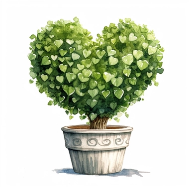 watercolor, hyper realistic, white background, white margins, 16k, ultra detailed clipart, cut out image, hand-drawn a topiary planter with heart-shaped foliage, symbolizing love and romance in a botanical form. in the style of furaffinity, witty vignettes, charming vignettes, beatrix potte
