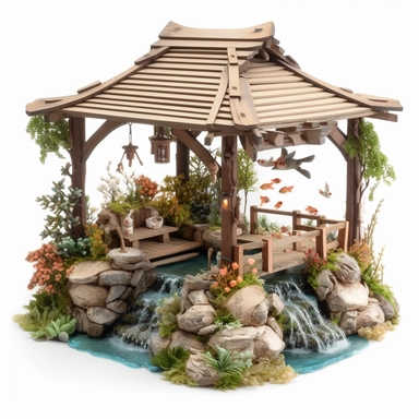 Capture the allure of an Enchanting fishing shelter Garden . Craft an ultra-detailed, 8K quality clipart without signatures or distracting lines. Embrace realism and artistry, showcasing intricate floral blooms and lush foliage. Set against a clean, white background for maximum versatility. Create a high-quality clipart that resonates with American women, evoking a sense of tranquility and natural beauty. Let your artistry transport them to a captivating garden escape