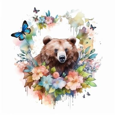 Generate a cute, happy cartoonish watercolor-style clip art of a mystical brown bear on its back, in pastel light tones, Oak tree, birds, leaves, and flowers around the brown bear, white canvas, white background, high detail, 8k