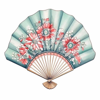 A cute one Japanese Folding Fan, decorate with japanese motifs, watercolor Sublimation graphics, hand drawn illustration by katie daisy, Watercolor clipart, single design, single object, print on demand image, PNG transparent background, white background for removing background - - no text shadow font watermark, 8k