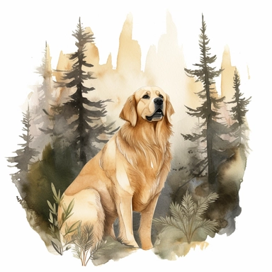 watercolor clipart of Golden Retriever in the forest