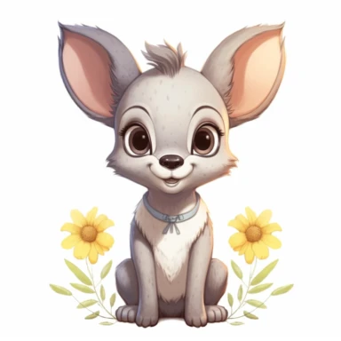 adorable cute grey kangaroo, chibi, big eyes, detailed watercolor, pastel colors, daisies, white background, clip art, Disney