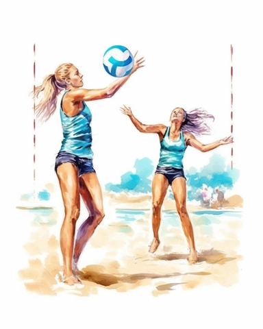 watercolor clipart beach volleyball game with players playing, hyper realistic, 8k, isolated on white background