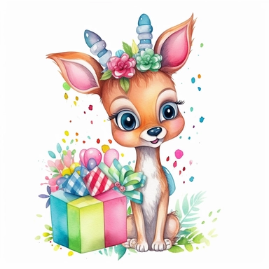 cute cartoon deer, celebrating birthday party, rainbow colours, flowers, watercolor clipart, pure white background