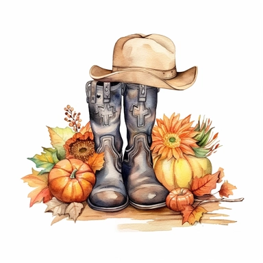 Cowboy Boots Hello Fall Pumpkin Fall Vibes , style by Lucy Fleming, watercolor, smooth gradients, black contour outline, ultra detailed, clipart elements, delicate pastel colors, solid white background, super clear, high quality