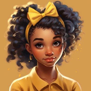 illustration concept of cartoon african girl with a bow clip art, in the style of lilia alvarado, yellow and gold, poodlepunk, walt disney, realistic portrait drawings, charming anime characters, 32k uhd