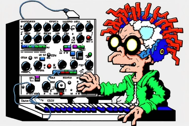 white background 1995 clipart cartoon, cool cigarette dude with giant brain playing a modular synthesizer,