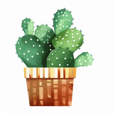 create a hand drawn watercolor clipart of a cactus potted plant, white background, 4k