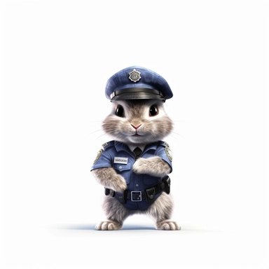 Adorable cute fantasy baby rabbit dressed like police standing in dynamic pose,front view,fullbody,sharp through out,happy expression, nursery art, clipart image, lineart image, white background, very detailed, 8k, composition wide shot