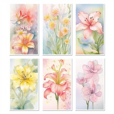 Create a breathtaking collection of ultra-detailed Watercolor Spring Flowers, capturing the essence of the vibrant and blossoming season. Showcase an array of enchanting spring blooms, from delicate daffodils to a variety of wild flowers, each delicately painted in watercolor. Embrace the soft pastel palette of spring, with gentle hues of pinks, purples, yellows, and greens that evoke a sense of freshness and renewal. Pay meticulous attention to detail, ensuring that each flower is meticulously 