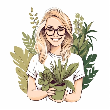 A HAPPY Young Woman WITH GLASSES AND blond hair Holding PLANTS Clipart in the style of hand-drawn, clean lines on a white background