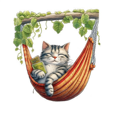 Axel scheffler illustration style cat in a hammock, high definition, 16k, insanely detailed, fine detail, sharp focus, illustration, white background, isolated clipart vector