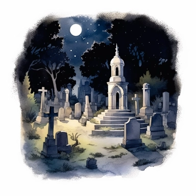 a watercolor painting of a graveyard, in the style of nightmarish illustrations, miniature illumination, nikon d850, detailed character illustrations, light silver and navy, architectural illustrator, lith printing , isolated white background, clipart,