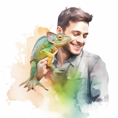 Adorable pet Chameleon having happy moment with it's human owner, water color style, clipart, white background
