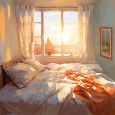 The morning sunlight shines into the window, and there is a bed in the room with oil paintings, White background, Clip Art Style