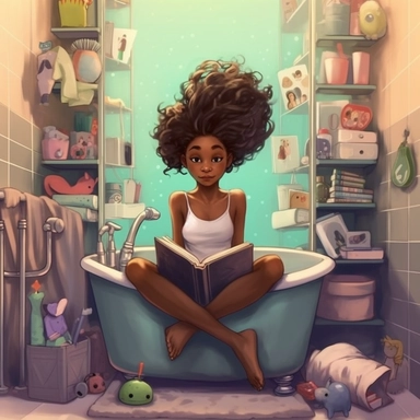 african american teenager girls stuck in a bathtub with books in the white house bathroom in the style of dr. seuss with a simple pastel color palette clip art--ar 10:8