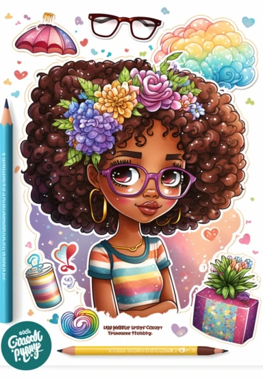 2d watercolor clipart kawaii, spring, april, character of beautiful african american woman, Intricately rendered dark Skinned woman, full body portrait, intricately rendered, 8k, long thick curls brown hair, sparkles, generously detailed, hyper realistic, digital, long rainbow eye lashes, beautiful retro comic urban chick, smart, books, nerdy, glasses, 8k,