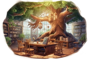 Design a watercolor-style clipart of a magical classroom hidden within an ancient tree, filled with fairy lights, talking trees, and enchanted desks, in a dreamy and enchanting art style, viewed from a slightly overhead perspective, against a backdrop of lush greenery, on white background, spaced out, hd