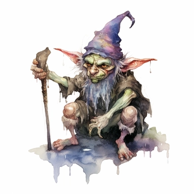 watercolor dark fantasy mystic goblin clipart, hd 4k, detailed, focused, isolated on white background