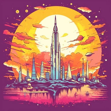 Artwork for t shirt graphic of majestic vibrant color magnificent funny big foot planets and solarsystem in the Back, starting Rocket from the ground, in a pencil drawing style, A vibrant featuring a sun setting over a futuristic City, with a soft pink sk