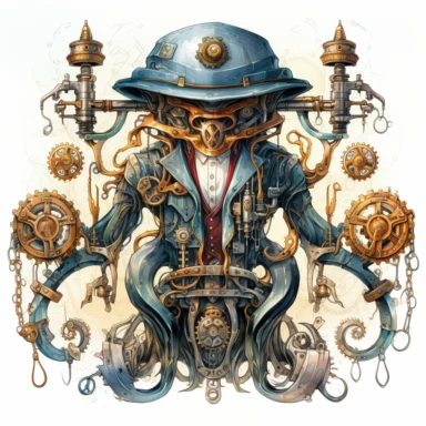 Steampunk octopus prototype, full body, watercolor, gears, pinions, calipers, clocks, rivets, top hat, clipart, duo tone, realistic, ultra resolution, vivid detail, 8k, minimal watercolors, white background
