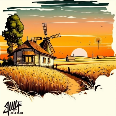 A clipart, A field of wheat crops with a country sunset in the background and a farmhouse, only one clipart, white background, vibrant colors, cartoon,style ghibli, hand drawn, watercolor