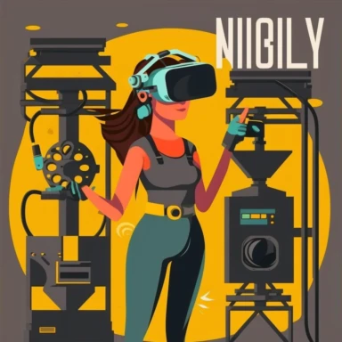 vr headset, virtual reality, industrial worker, woman, poster, learning in vr gogle, repairing machine, simplistic, abstract, vector, 2d illustration, clipart, few colors, industrial, hi-tech