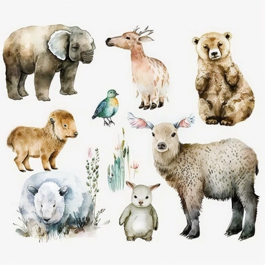 one watercolor baby animal nursery clipart, mountain, pastel colors, white background